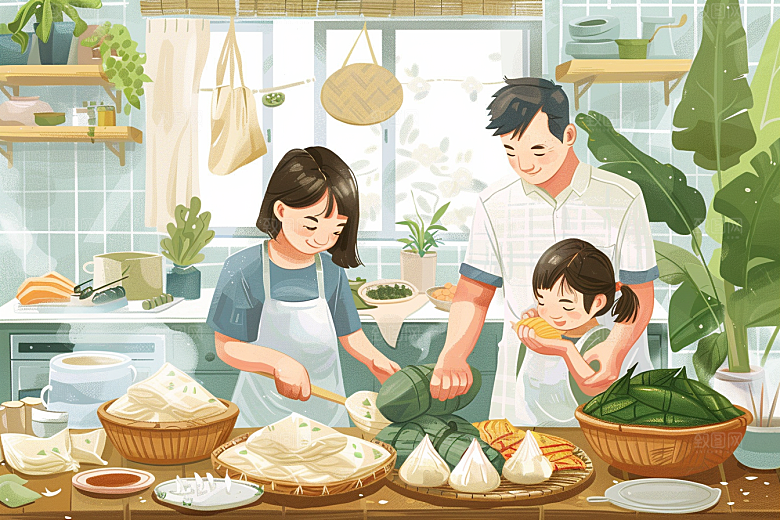 端午包粽子手绘高清插画