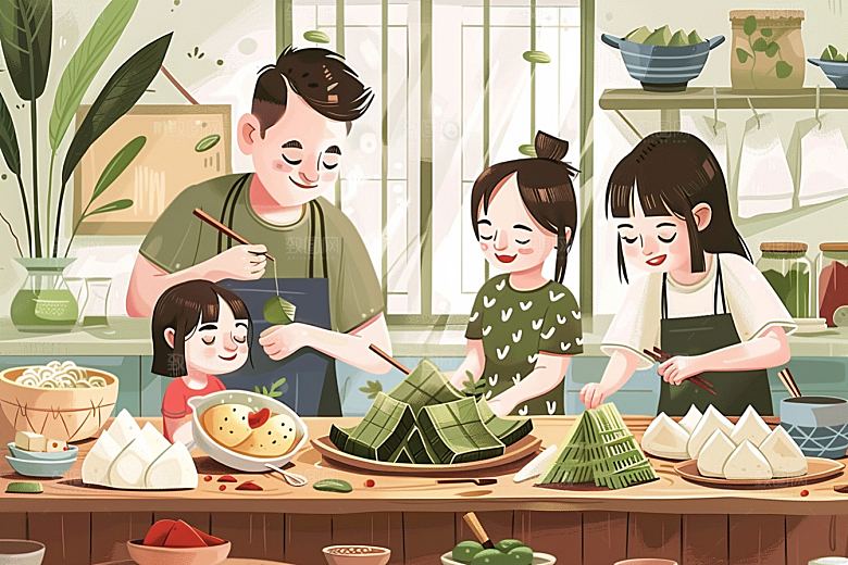 端午包粽子小吃粽叶插画