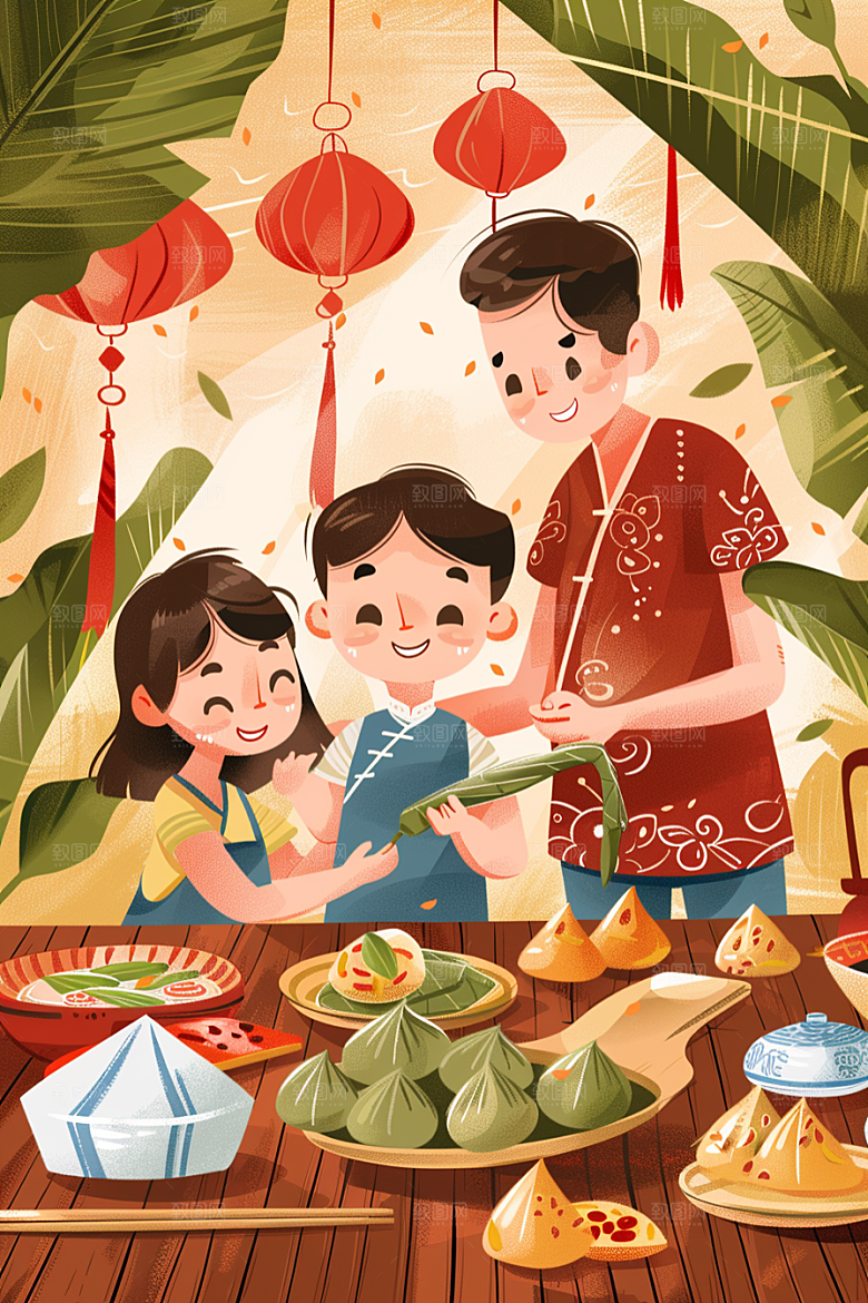 端午包粽子温馨高清插画