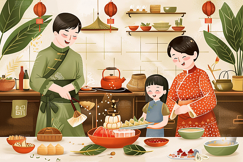 端午包粽子温馨幸福插画