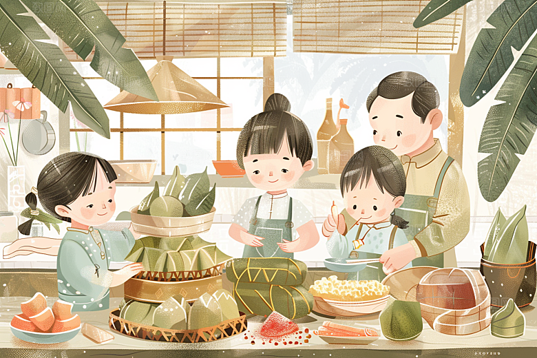 端午包粽子习俗幸福插画