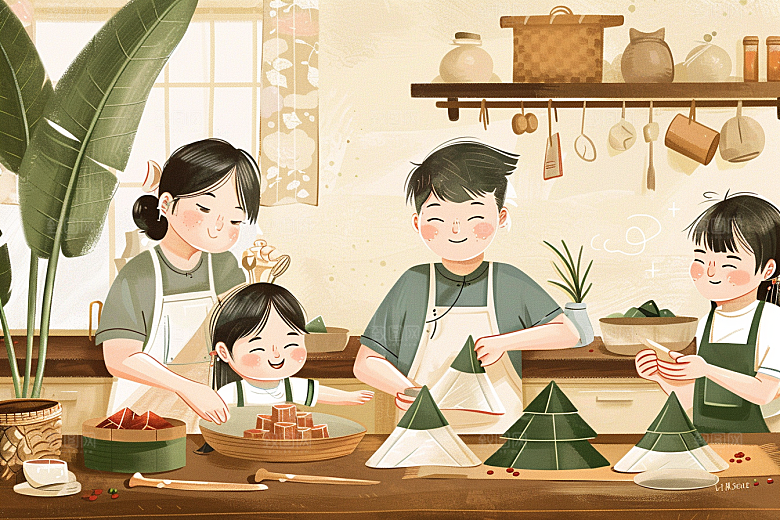 端午包粽子幸福小吃插画