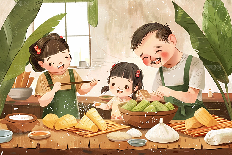端午包粽子温馨小吃插画