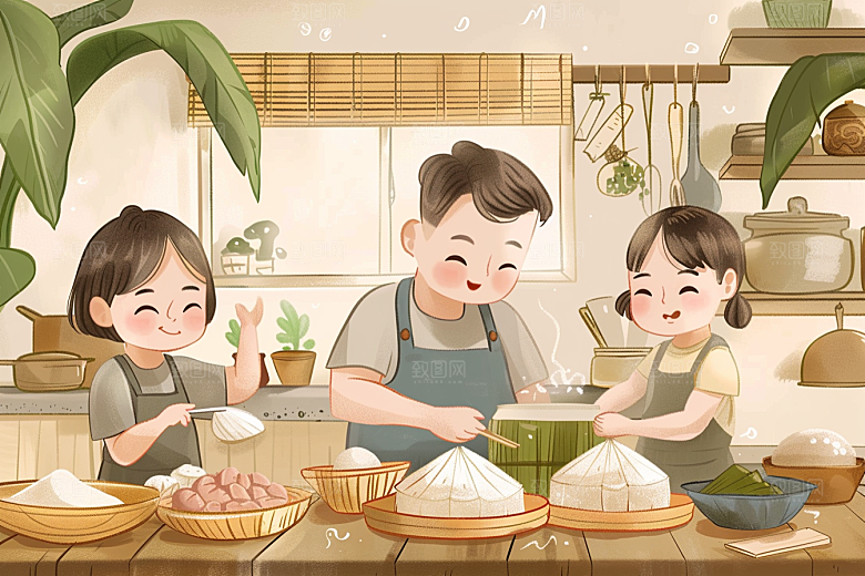 端午包粽子美味端午节插画