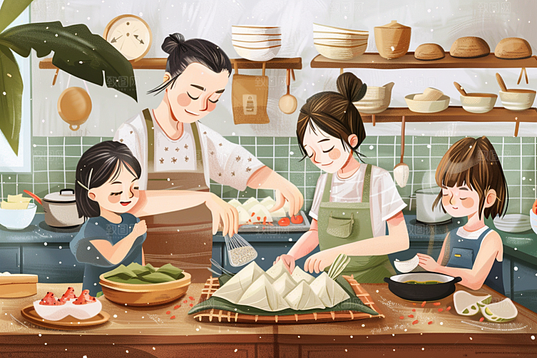 端午包粽子高清端午节插画