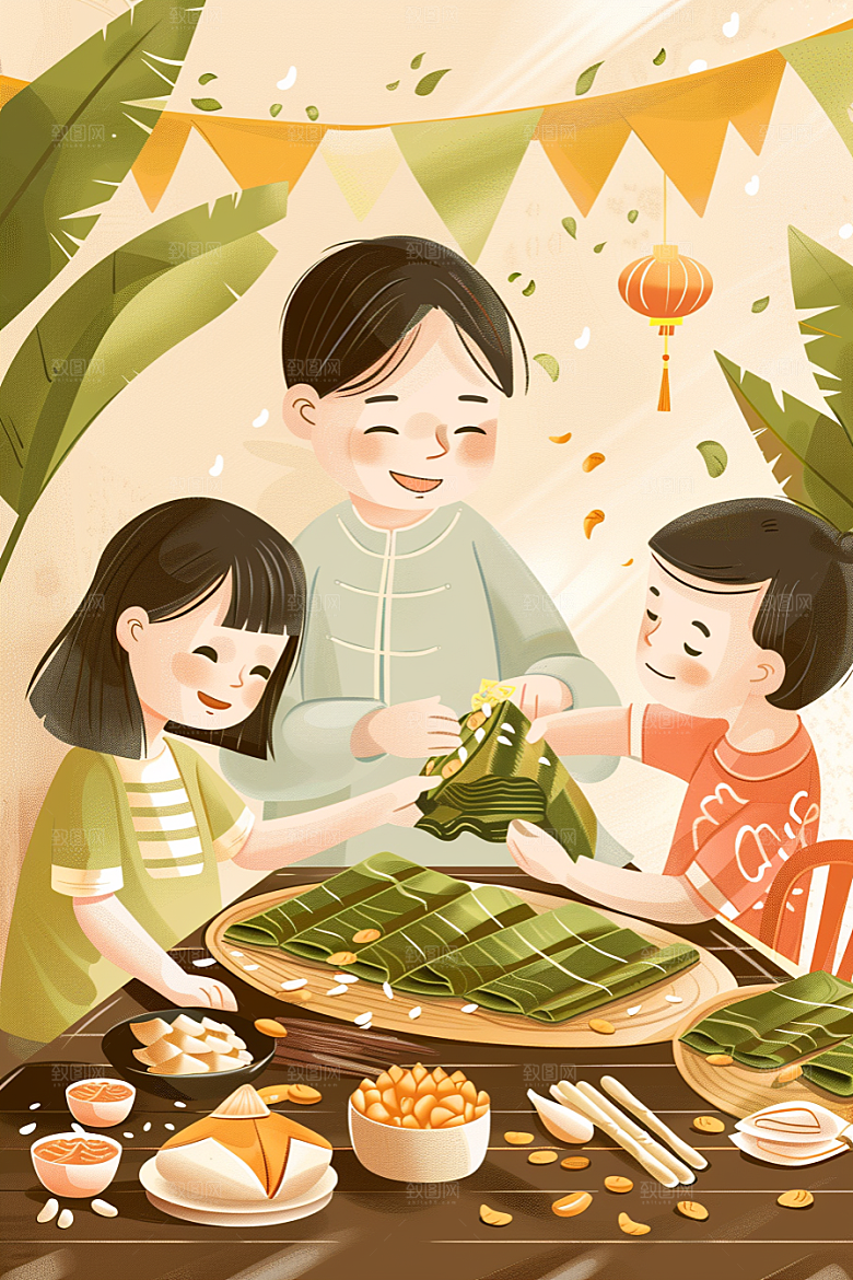 端午包粽子手绘高清插画
