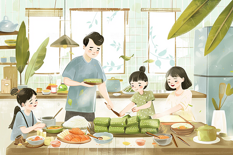 端午包粽子幸福温馨插画
