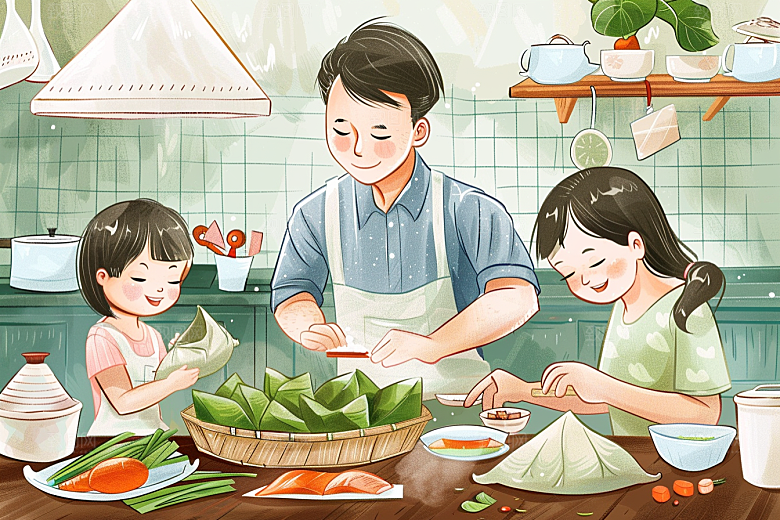 端午包粽子阖家团聚习俗插画