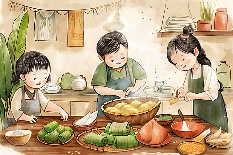 端午包粽子幸福高清插画