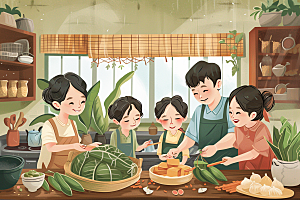 端午包粽子粽叶美食插画