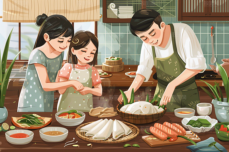 端午包粽子习俗高清插画