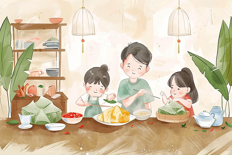 端午包粽子小吃糯米插画