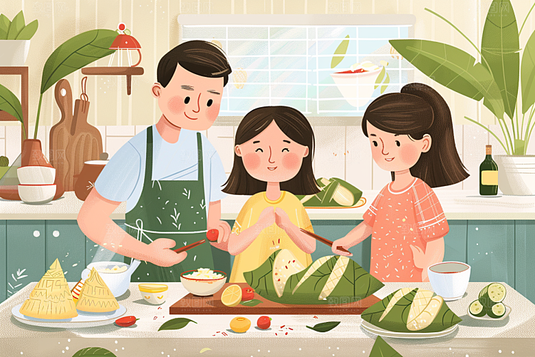 端午包粽子手绘幸福插画