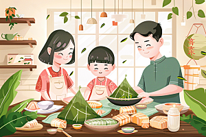端午包粽子习俗温馨插画