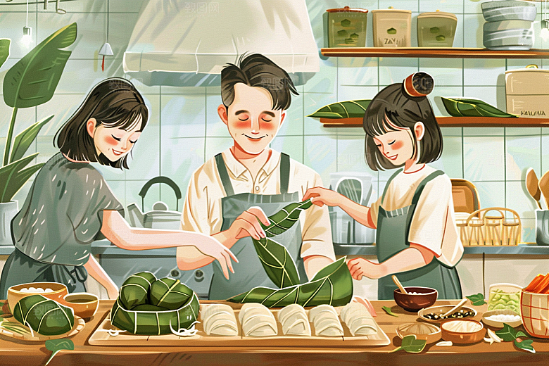 端午包粽子美味阖家团聚插画
