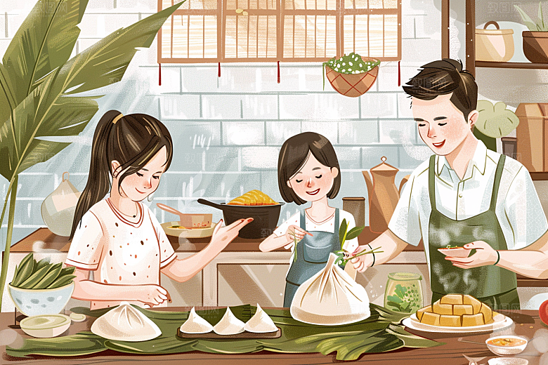 端午包粽子节日小吃插画