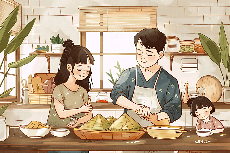 端午包粽子端午节阖家团聚插画