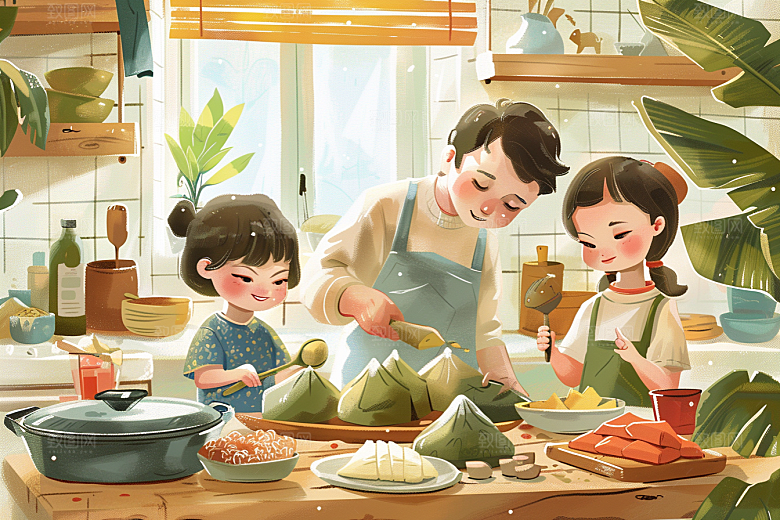 端午包粽子传统文化阖家团聚插画