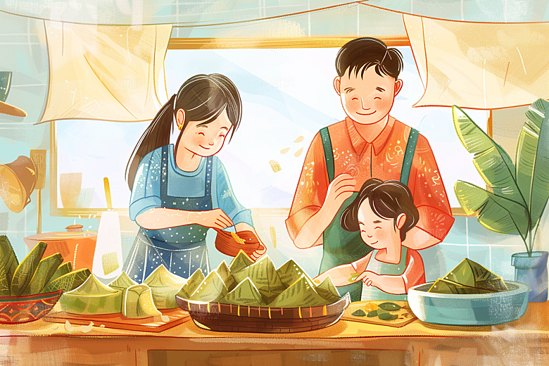 端午包粽子糯米粽叶插画