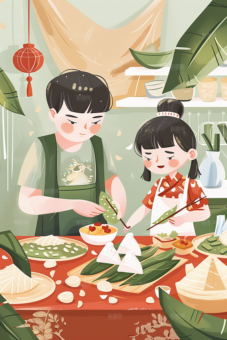 端午包粽子阖家团聚高清插画