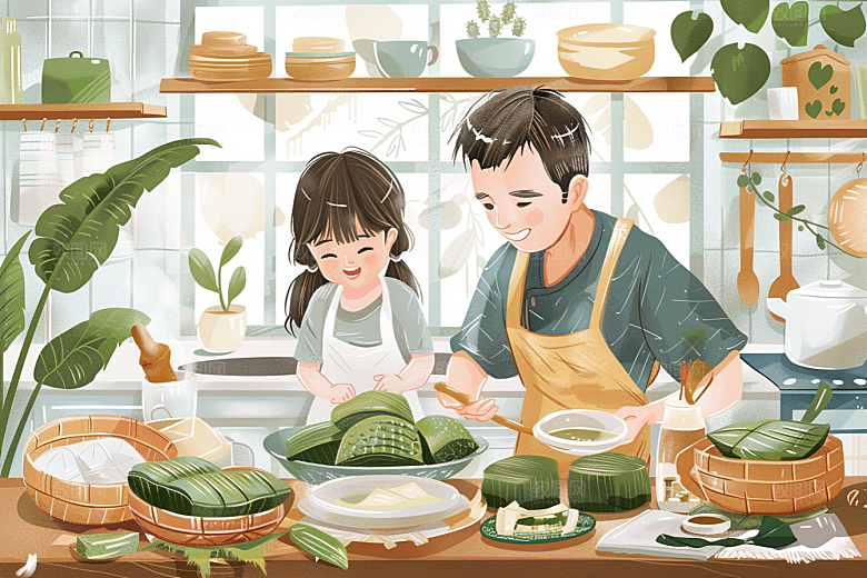 端午包粽子粽叶手绘插画