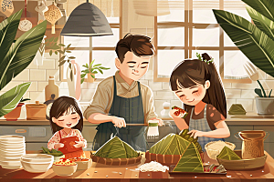 端午包粽子阖家团聚糯米插画