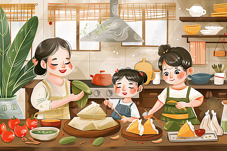 端午包粽子糯米幸福插画