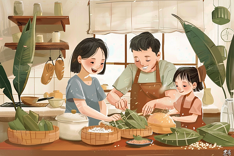 端午包粽子美食节日氛围插画