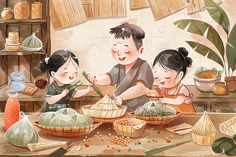 端午包粽子节日氛围高清插画