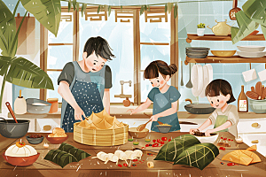 端午包粽子节日氛围阖家团聚插画