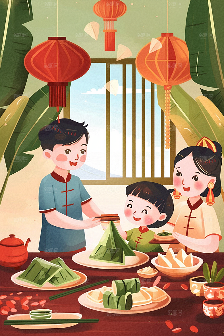 端午包粽子节日美食插画