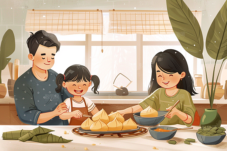 端午包粽子端午节幸福插画