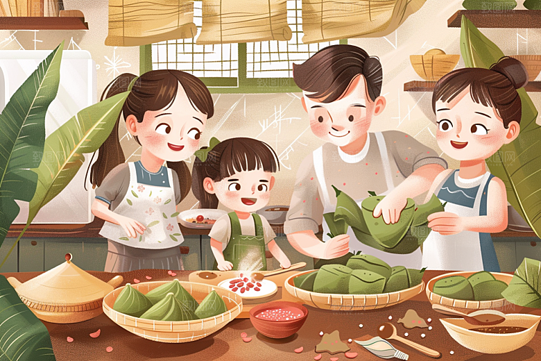 端午包粽子美食粽叶插画