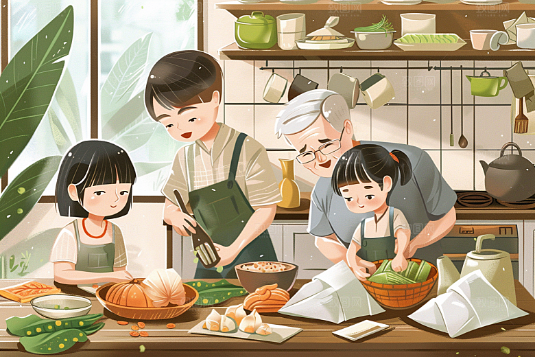 端午包粽子美食糯米插画