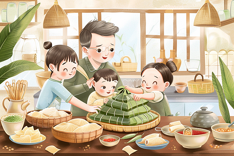 端午包粽子美味阖家团聚插画