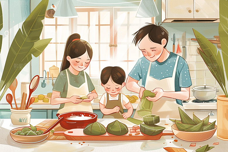 端午包粽子习俗节日插画