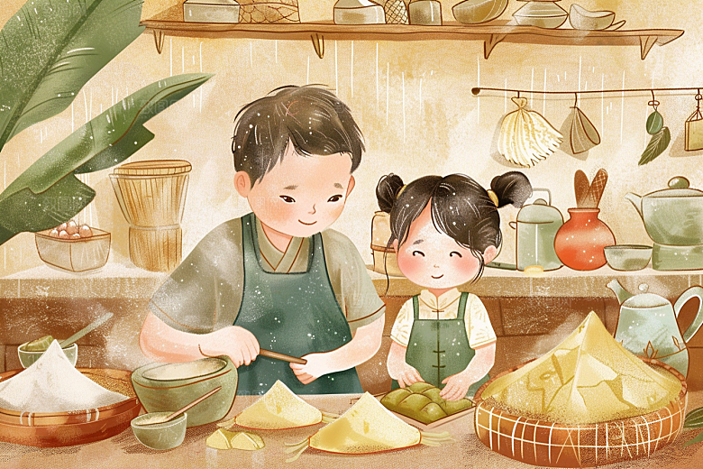 端午包粽子温馨美食插画