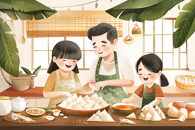 端午包粽子幸福美味插画