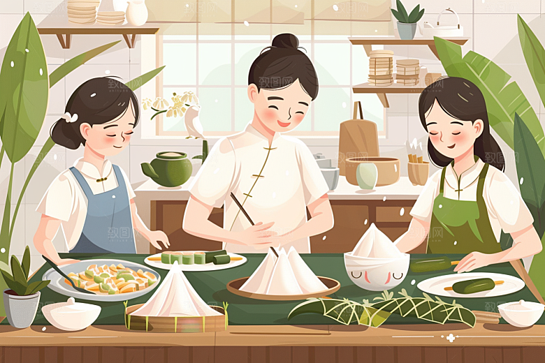 端午包粽子美食习俗插画