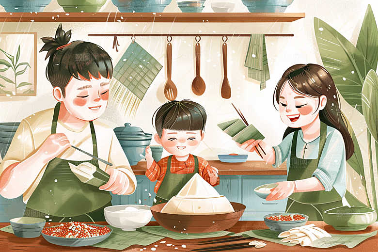端午包粽子节日氛围幸福插画