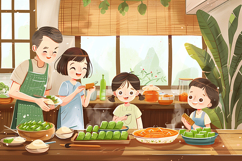 端午包粽子节日氛围粽叶插画
