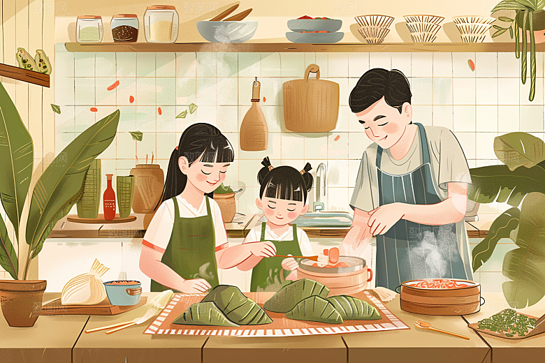 端午包粽子美食美味插画