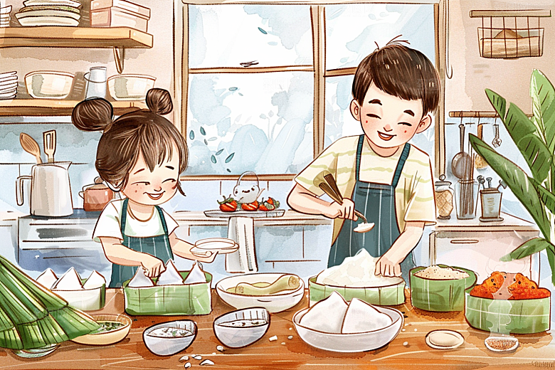 端午包粽子高清阖家团聚插画