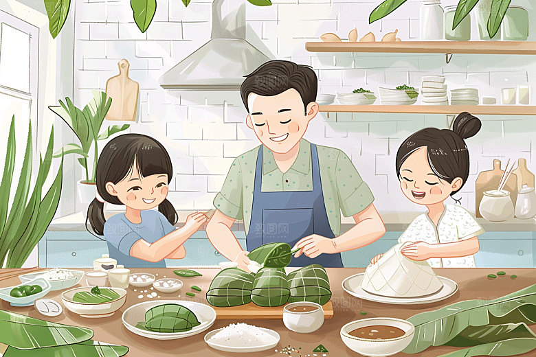 端午包粽子幸福节日氛围插画