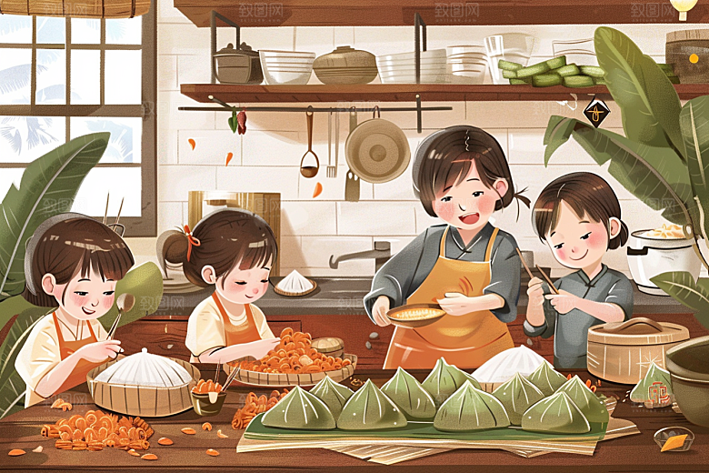 端午包粽子习俗传统文化插画