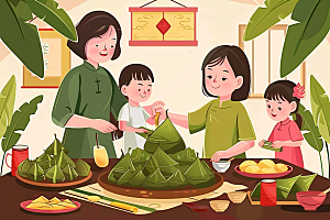 端午包粽子阖家团聚美食插画