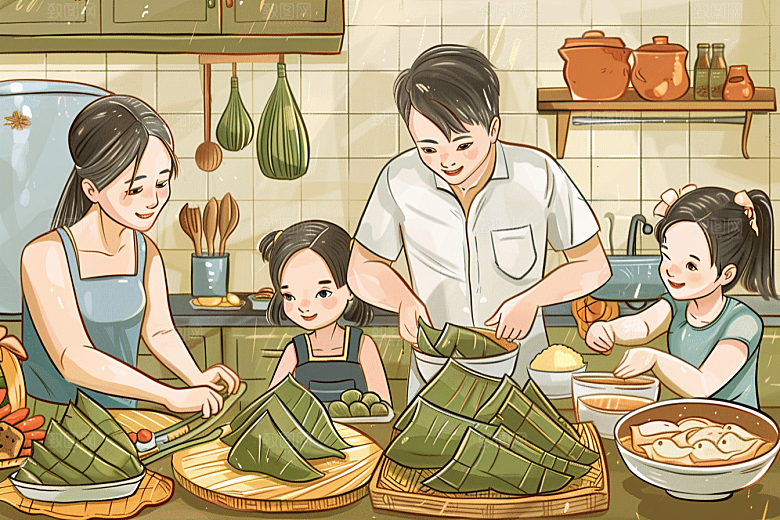 端午包粽子节日阖家团聚插画