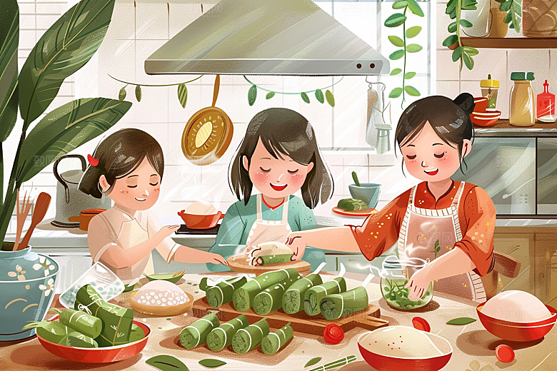 端午包粽子手绘高清插画