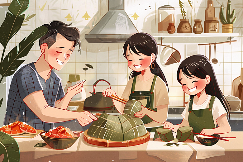 端午包粽子粽叶节日氛围插画
