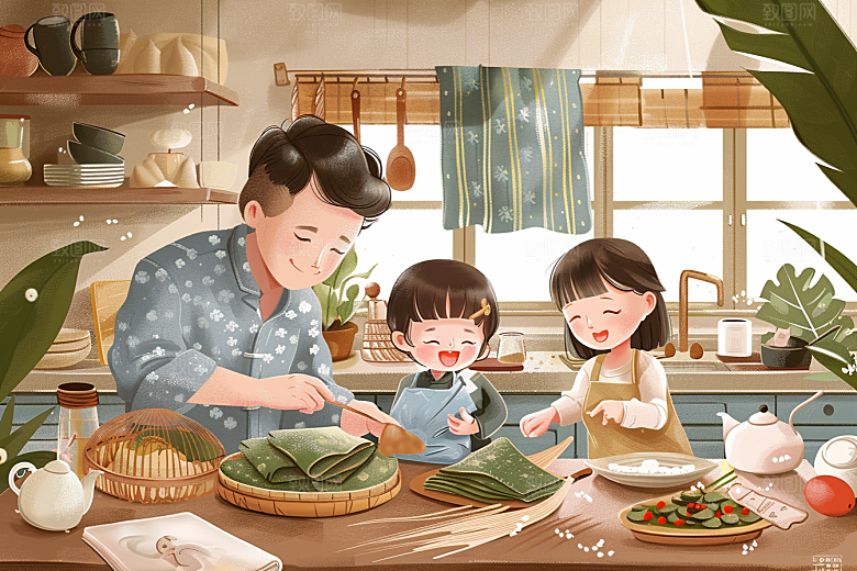端午包粽子手绘粽叶插画